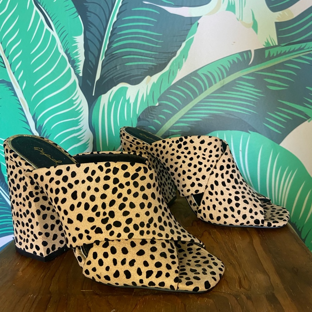 Qupid Cheetah Print Mules With Triangle Heel - image 1